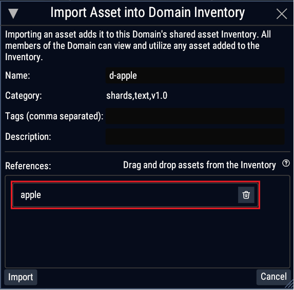 Asset Import Window with asset referenced