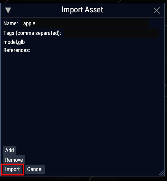 Import Asset Window Import Button